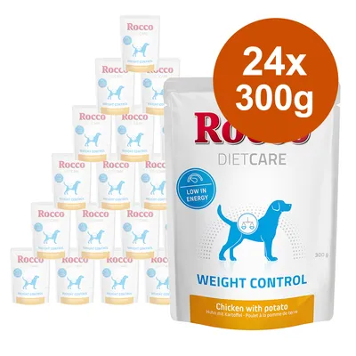 Rocco Diet Care Weight Control, 24x300g, kurczak z ziemniakiem, niska zawartość energii. Opakowanie z niebieskim psem i symbolem wagi.