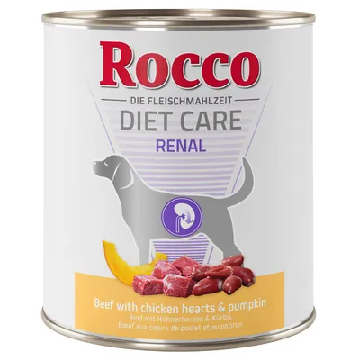 Rocco Diet Care Renal, Beef with chicken hearts & pumpkin. Dåse med illustration af hund, stykker kød, græskar og nyrer-symbol. Tekst på engelsk, tysk og fransk.