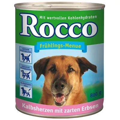 Rocco Frühlings-Menue Kalbherzen mit zarten Erbsen, 800 g. Tekst in het Duits: Mit wertvollen Kohlenhydraten, Aktiver Stoffwechsel, Gesunde Verdauung, Glänzendes Fell.