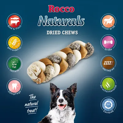 Rocco Naturals Dried Chews, snack intrecciato per cani, 17 cm, senza cereali, basso contenuto di grassi, cura dei denti, carne di manzo e pesce. Testo in inglese e tedesco visibile.