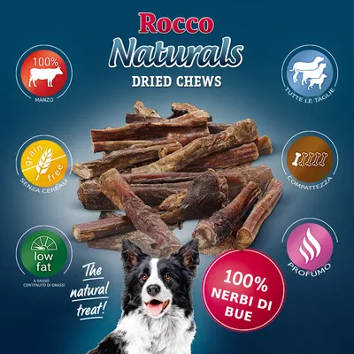 Rocco Naturals Dried Chews, 100% nerbi di bue, manzo, senza cereali, basso contenuto di grassi, per tutte le taglie, compattezza, profumo. Testo in inglese: The natural treat!