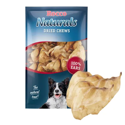 Rocco Naturals Dried Chews, 100% ears. Pack with dried ears and dog image.