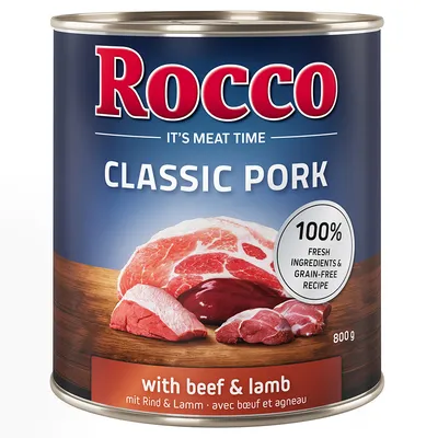 Rocco Classic Pork, 800g dåse. Med oksekød og lam, 100% friske ingredienser, kornfri opskrift.