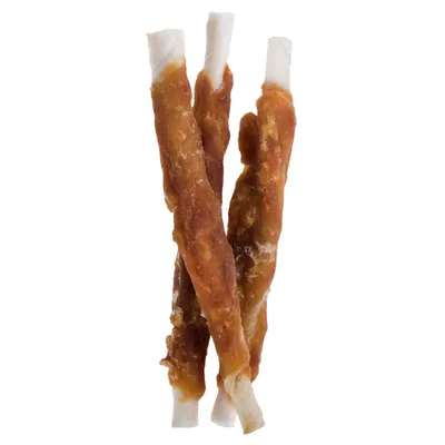 Three twisted chew sticks with a brown outer layer and white inner core, shown close up to display product shape and texture.