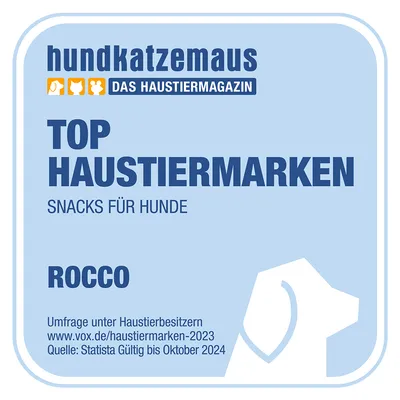 Besedilo v nemščini: hundkatzemaus DAS HAUSTIERMAGAZIN, TOP HAUSTIERMARKEN, SNACKS FÜR HUNDE, ROCCO. Umfrage unter Haustierbesitzern, www.vox.de/haustiermarken-2023, Gültig bis Oktober 2024.