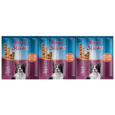 Rocco Sticks, mekano i lako za porcioniranje, piletina s lososom, 120 g. Pakiranje sa slikom psa i opisom proizvoda.