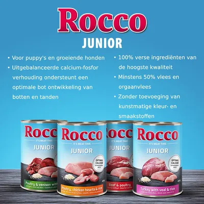 Rocco Junior natvoer voor puppy's, vier blikken met varianten: gevogelte & wild, gevogelte & kippenharten & rijst, rund & gevogelte, kalkoen met kalfsvlees & rijst. Tekst over ingrediënten en voordelen.