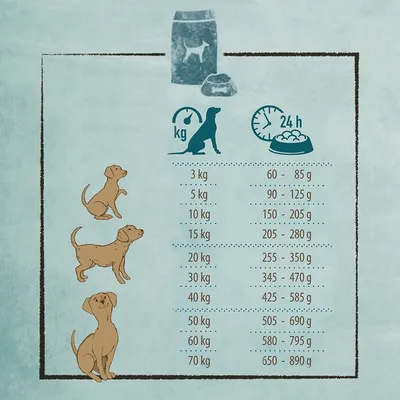 Feeding recommendation for dogs based on weight: 3kg - 60-85g, 5kg - 90-125g, 10kg - 150-205g, up to 70kg - 650-890g per day.