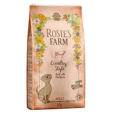 Rosie's Farm Country-Style ξηρά τροφή για ενήλικους σκύλους, βοδινό με ρεβίθια, 12kg, χωρίς δημητριακά, εικονογράφηση σκύλου και λουλουδιών στη συσκευασία.