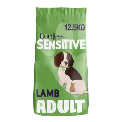 12.5kg bag labelled Sensitive Lamb Adult, showing product is for adults and features lamb as main ingredient.