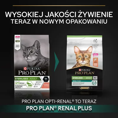 Purina Pro Plan Sterilised Adult 1+ karma dla kotów – zmiana opakowania z Opti-Renal na Renal Plus. Wysokiej jakości żywienie teraz w nowym opakowaniu.
