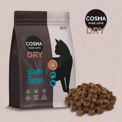 Cosma Pure Love Dry Adult, luftgetrocknetes Trockenfutter mit Lachs und Huhn. 100% getreidefreie Rezeptur, hoher Fleischanteil aus frischem Fleisch, nur ausgewählte Zutaten.