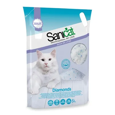 Опаковка на котешка тоалетна Sanicat Diamonds, силикагел, 5 литра. Видими са бели гранули с сини точки и текст: PROFESSIONAL PET LOVE, HYDRO ABSORPTION, LOW MAINTENANCE, LONG LASTING.