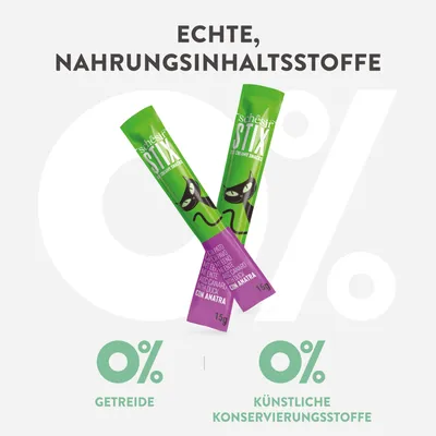 Schesir Stix Leckerlis. Echte Nahrungsinhaltsstoffe, 0% Getreide, 0% künstliche Konservierungsstoffe, mit Ente. Zwei Snacksticks abgebildet.