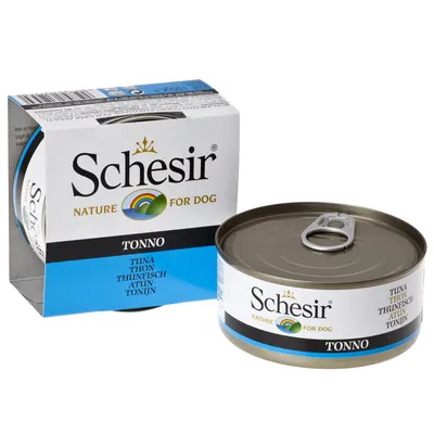 Konzerva a krabička Schesir Nature for Dog, Tonno. Text: TUŇÁK, THON, THUNFISCH, ATUN, TONIJN. Bílý a modrý obal s duhovým motivem.