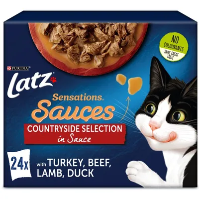 Latz Sensations Sauces Countryside Selection in Sauce, 24x med kalkon, nötkött, lamm, anka. Ingen färgämnen. Bild på katt och skål med sås.