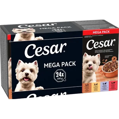 Cesar Mega Pack, 24x150g, Lantgryta i sås. 100 % komplett och balanserad. Olika sorter synliga i multipack.