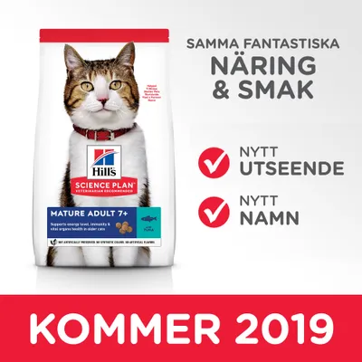 Hill's Science Plan Mature Adult 7+ kattmat med tonfisk. Text: Samma fantastiska näring & smak, nytt utseende, nytt namn, kommer 2019.