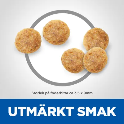 Foderbitar, storlek ca 3,5 x 9 mm. Text: UTOMRÄKT SMAK.