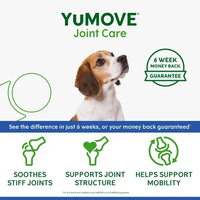 YuMOVE Joint Care. Six week money back guarantee. See the difference in just six weeks or your money back. Soothes stiff joints, supports joint structure, helps support mobility.