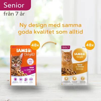 IAMS Delights Senior 7+ kyckling i sås, 48x85g. Bild visar gammal och ny förpackningsdesign med text: Ny design med samma goda kvalitet som alltid.