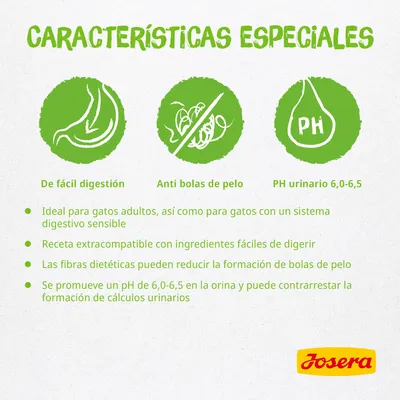 Características especiales: de fácil digestión, anti bolas de pelo, pH urinario 6,0–6,5. Ideal para gatos adultos y sensibles. Marca Josera. Texto en español.