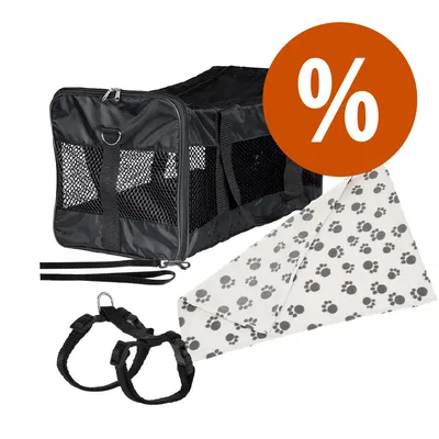 Set con trasportino nero in tessuto a rete, pettorina nera e bandana bianca con impronte nere. Simbolo percentuale arancione indica offerta o sconto.