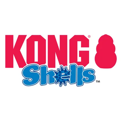 KONG Shells Logo z czerwonym napisem i niebieskim motywem dinozaura.