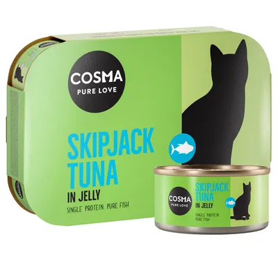 Cosma Pure Love Skipjack Tuna in Jelly. Single Protein, Pure Fish. Grünes Verpackungsdesign mit schwarzer Katzensilhouette und Fischsymbol.