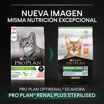 Cambio de imagen en el envase de Purina Pro Plan Sterilised Adult 1+ para gatos: antes Optirenal, ahora Renal Plus Sterilised. Mismo producto, nueva presentación.