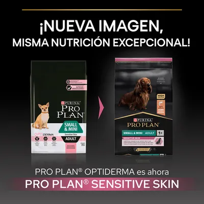 Comparación de envases: Purina Pro Plan Small & Mini Adult Optiderma Sensitive Skin cambia a Pro Plan Small & Mini Adult Sensitive Skin. Texto: ¡Nueva imagen, misma nutrición excepcional!