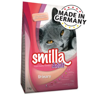Pachet hrană pentru pisici Smilla Adult Urinary, 1 kg, cu imaginea unei pisici gri și text vizibil: „Made in Germany”, „bei empfindlichem Nieren-/Harnsystem” și pictograme pe ambalaj.