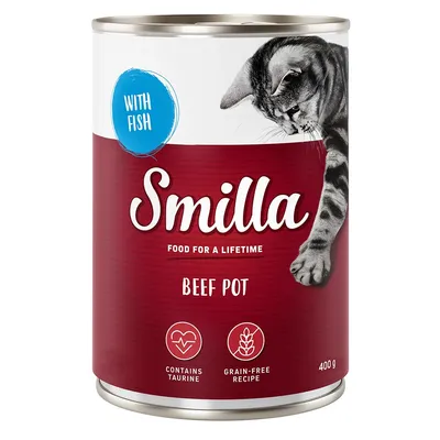 Smilla Beef Pot macskaeledel, 400 g, with fish, contains taurine, grain-free recipe, Food for a lifetime felirat látható a dobozon, szürke cica képe.