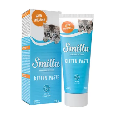 Smilla Kitten Paste, 75g tube and packaging. With vitamins and calcium. Made in Germany.