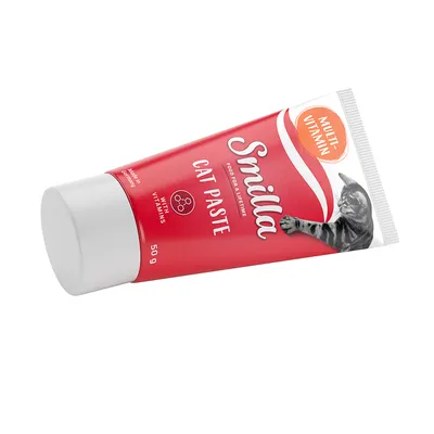Smilla Cat Paste Multivitamin, 50 g tube, with vitamins. Red packaging with image of a cat.