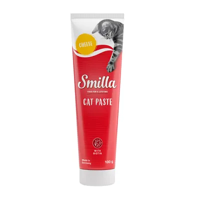 Smilla Cat Paste med ost, 100 g, Made in Germany, med biotin. Röd förpackning med bild av en katt.