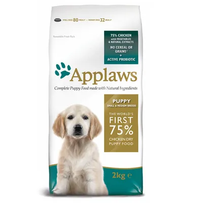 Applaws Puppy Small & Medium Breeds, 2 kg; 75 % piščanca, brez žit, z aktivnimi probiotiki. Za majhne in srednje pasme mladičev. Na embalaži so poudarjene naravne sestavine.