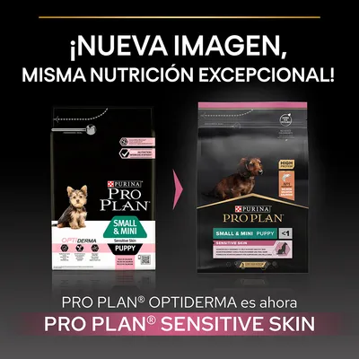 Comparación de envases: PURINA PRO PLAN Small & Mini Puppy Optiderma Sensitive Skin cambia a PRO PLAN Small & Mini Puppy Sensitive Skin. Texto: '¡Nueva imagen, misma nutrición excepcional!'.