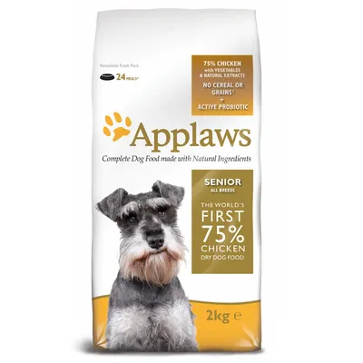Applaws hondenvoer senior alle rassen, 2 kg. 75% kip, zonder granen, met actieve probiotica. Voor 24 maaltijden. Tekst in het Engels: 'The world's first 75% chicken dry dog food'.