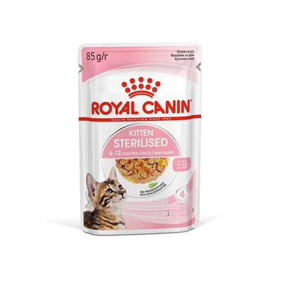 Sterilised kitten food for 6-12 months, chunks in jelly, no preservatives, 85g pouch, stage 4. Includes image of food and a kitten.