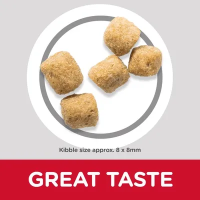 Kibble pieces shown with approximate size 8 by 8 millimetres. Text states: great taste.