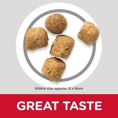 Five pieces of kibble shown on a plate with text stating kibble size approximately 8 by 8 millimetres and the phrase 'Great Taste' below.