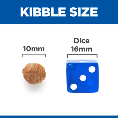 Størrelsesdiagram: tørfoderpille 10 mm ved siden af blå terning Dice 16 mm. Tekst øverst: KIBBLE SIZE.