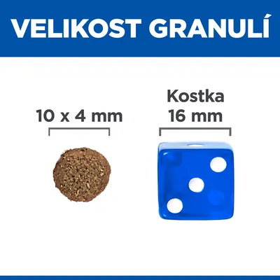 Velikost granulí: granule 10 × 4 mm vedle modré kostky 16 mm pro porovnání velikosti.