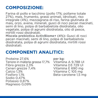 Composizione: farina di pollo e tacchino, mais, frumento, grassi animali, riso integrale, orzo, avena, minerali. Componenti analitici: proteine 27,6 %, grassi 17,7 %, fibre 2,3 %.