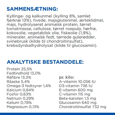 Sammensætning: kyllinge- og kalkunmel, hvede, majsglutenmel, ærteklidmel, m.m. Analytiske bestanddele: protein 25,5 %, fedt 13 %, råfibre 13,3 %, omega-3 1,4 %, vitaminer pr. kilo angivet.