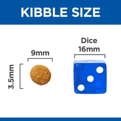 Размер на гранула: 9 мм ширина, 3,5 мм височина, показана до зарче с размер 16 мм. Текст на английски: KIBBLE SIZE, Dice.