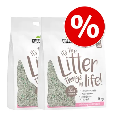 Green Cat Katzenstreu, 12 kg, mit grüner Zeolith, feine Körnung, sanft zu Pfoten, staubarm, Baby-Puder-Duft. Angebot mit rotem Prozent-Symbol.