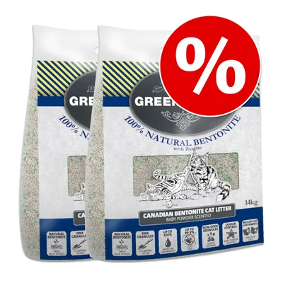 Litière pour chat Green Cat 100 % bentonite naturelle avec zéolite, parfum talc bébé, lot de 2 sacs de 14 kg, icône promotionnelle rouge avec symbole pourcentage visible.