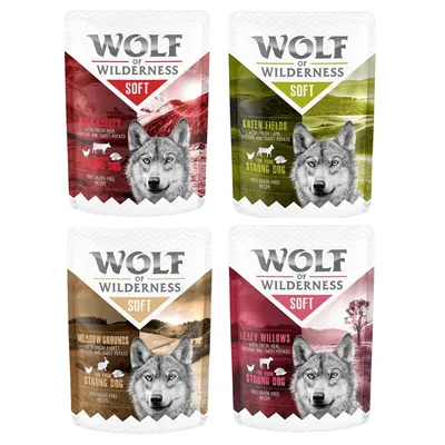 Wolf of Wilderness Soft hrană pentru câini în patru sortimente: High Valley, Green Fields, Meadow Grounds și Leafy Willows. Rețete fără cereale cu carne proaspătă și cartofi dulci.